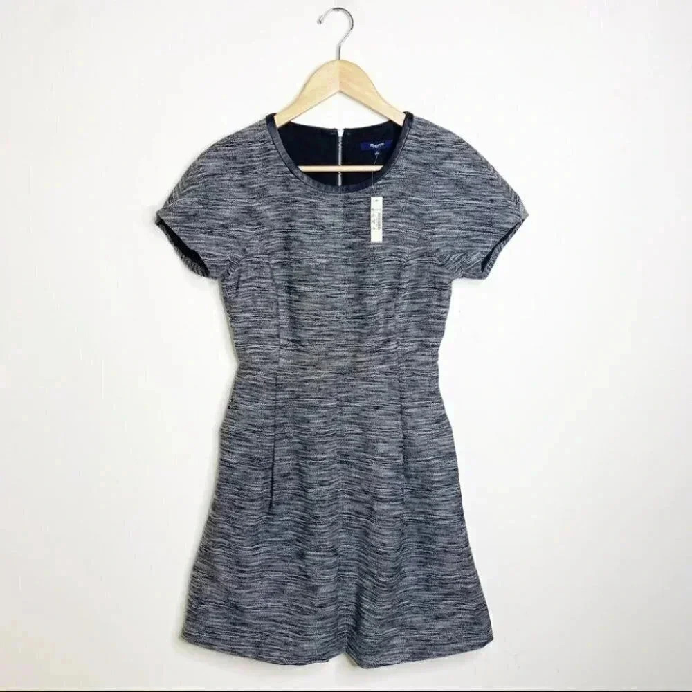 Madewell Faux Leather Trim Skater Dress Fit Flare Tweed Size 0 NWT
